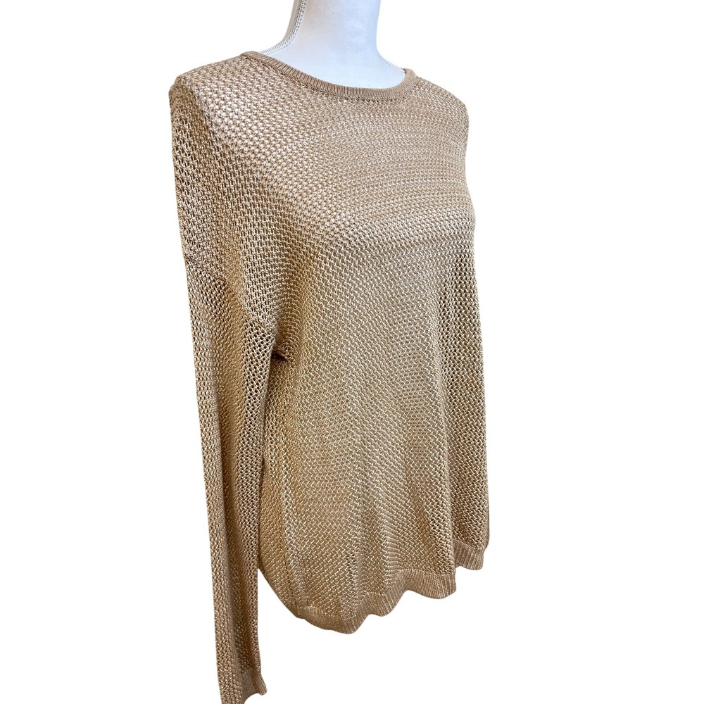 MINNIE ROSE Gold Mesh Sweater Sz L Metallic Tan Crochet Knit Hampton Boho Beachy - Picture 9 of 13